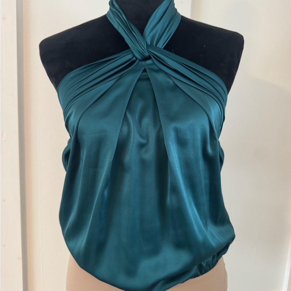 PatBO Teal Satin Halter Blouse